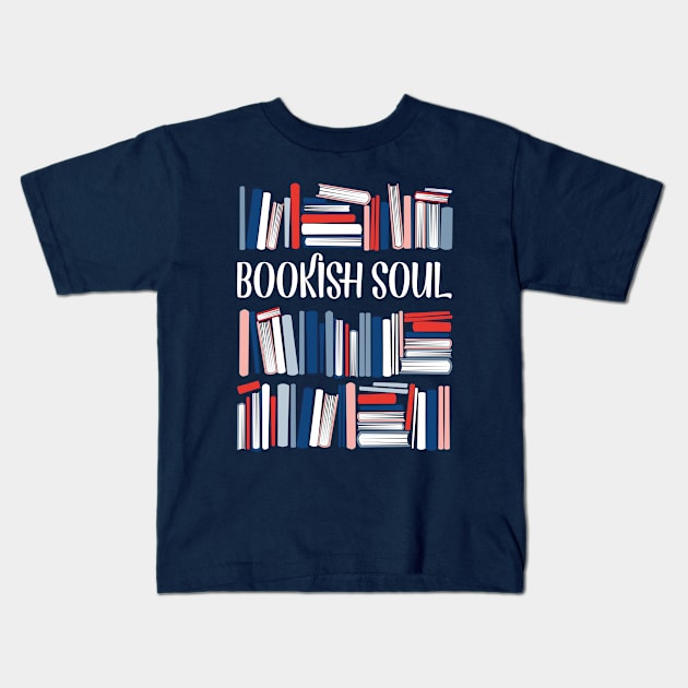 Bookish soul // oxford navy blue bookshelf background neon red flesh coral white classic and pastel blue books Kids T-Shirt by SelmaCardoso